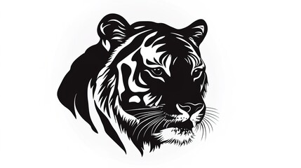 Fototapeta premium Black Sad Tiger Head Silhouette Vector Illustration, Set Against a Clean White Background, Emphasizing the Emotional Expression and Strong Features of the Tiger