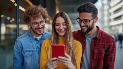 Fototapeta premium Joyful Friends Engaging with Mobile Device Outdoors