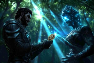 Obraz premium A warrior receiving a sacred honor medal from a celestial being in a mystical forest, with beams of light illuminating the scene