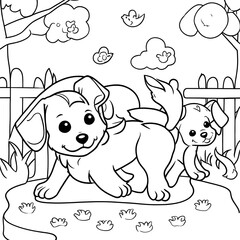 dog and puppies playing in a yard, children coloring book cartoon , Digital illustration.
