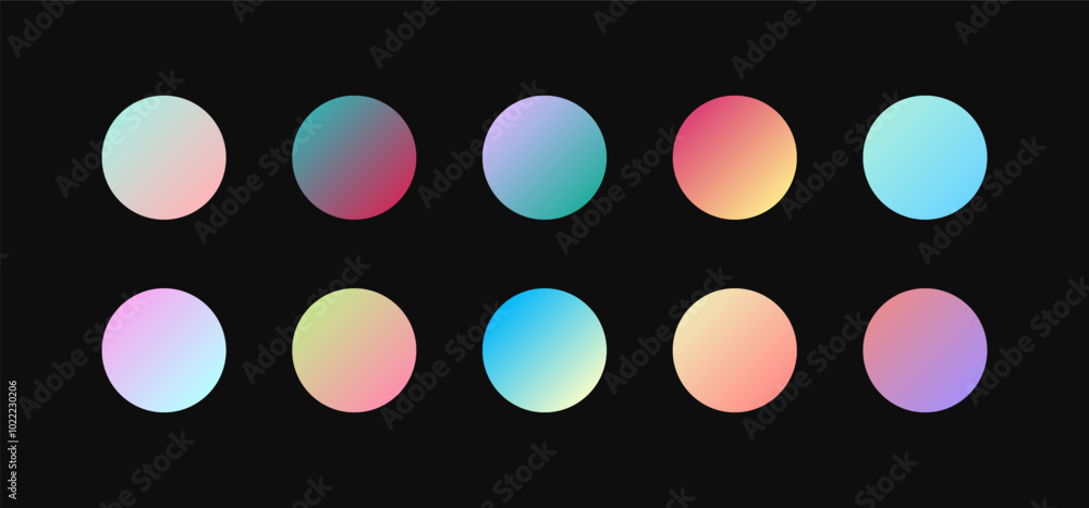 Poster set of color palettes. circle shapes with colorful gradients isolated on black background. flat vect