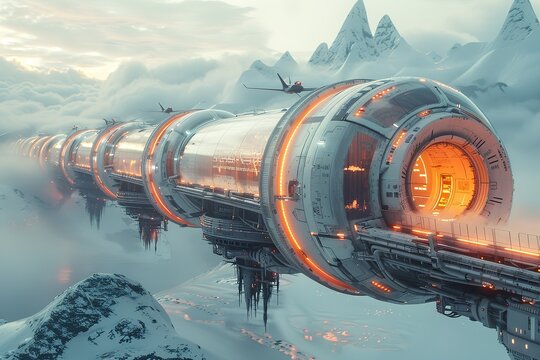 futuristic transportation hub hyperloop stations drone taxis logistics ai-managed space spaceship