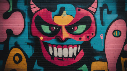 A graffiti devil, rendered with sharp, intricate patterns and vibrant hues, covers the brick wall, blending artistic creativity with a menacing street art presence.