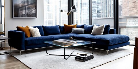A contemporary living room with a royal blue sectional sofa, paired with a white rug, glass coffee table, and metallic accents, giving the space a luxurious yet modern feel