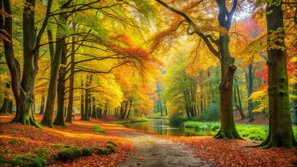 Fototapeta premium Autumnal Pathway Through a Canopy of Golden Leaves, Leading to a Serene River Reflecting the Vibrant Colors of the Forest