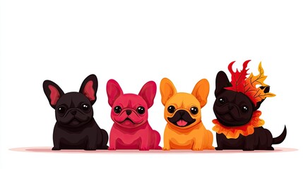 Fototapeta premium Four colorful cartoon French bulldogs with expressive faces on white isolated background.