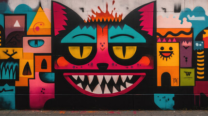 Obraz premium The graffiti devil, with vibrant, contrasting colors and intricate details, brings both menace and artistic flair to the brick wall in this dynamic street art piece.
