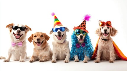 Group of happy dogs in colorful costumes celebrating a party, white isolated background.