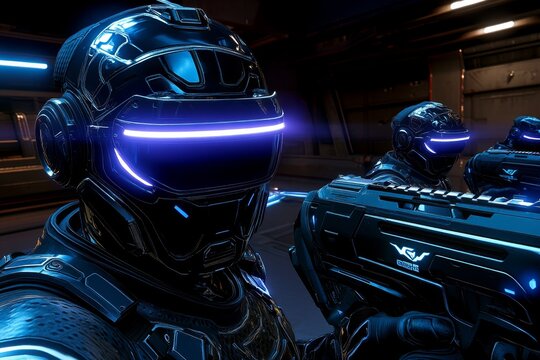 An immersive gaming experience, with players interacting in a fully virtual world using VR suits