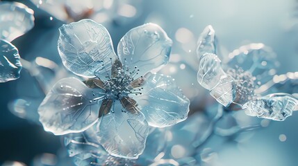 Digital technology glass blue and white flower poster background