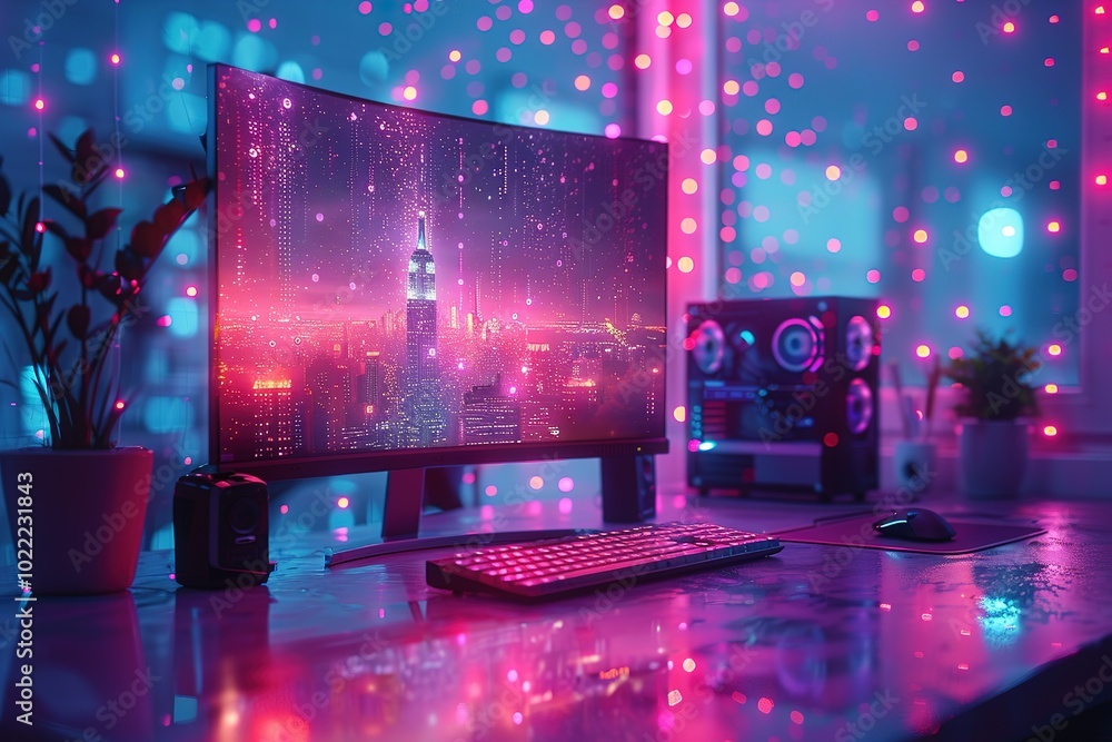 Poster futuristic workspace holographic interfaces ai-driven collaboration tools computer keyboard