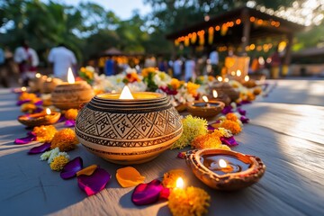 Diyas placed among flower petals on a festive Diwali table, casting warm shadows on the food and decorations