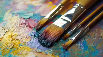 Obraz premium Close-up of paint brushes on a colorful artist's palette.
