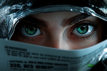 Hyper-realistic close-up of a person reading an online article, with a skeptical expression and focused gaze, capturing the moment of doubt