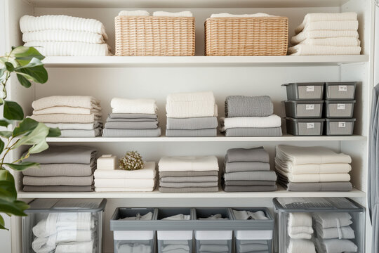 An organized closet with neatly folded clothes, clean shelves, and labeled storage bins