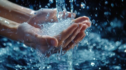 Fototapeta premium Water flows over hands, highlighting the significance of cleanliness and proper handwashing techniques for health. Generative AI