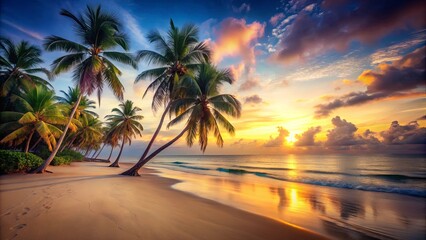 Golden Hour Serenity on a Tropical Shore, Where Palm Trees Sway Gently in the Warm Breeze and the Ocean Glistens with the Sun's Farewell