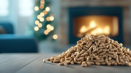 cozy living room with warm fireplace and pile of wood pellets on wooden table