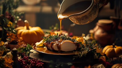 Obraz premium cozy autumn scene with delicious roasted turkey breast being drizzled with rich gravy, surrounded by pumpkins and fall foliage