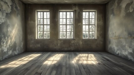 Empty Room with Three Windows and Sunbeams