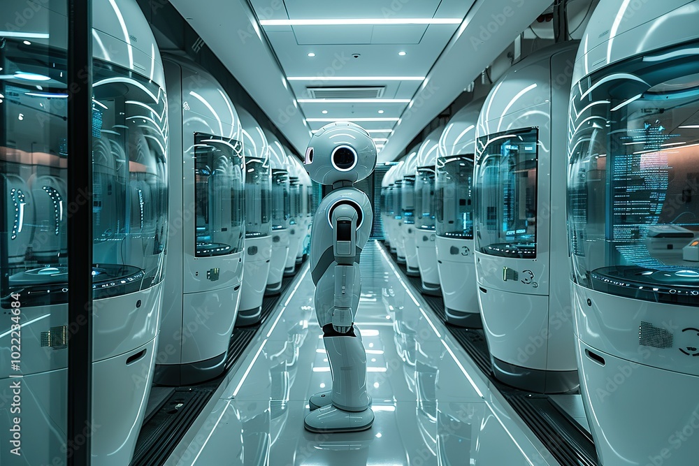 Poster high-tech ai research lab robots systems advanced technology space free development v job text id