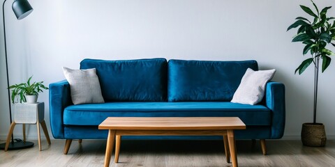 A cozy living room with a bold blue sofa as the centerpiece, surrounded by wooden furniture, indoor plants, and neutral-toned decor, creating a calm, inviting atmosphere