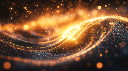 Fototapeta premium Abstract wave of shimmering golden particles on a dark background, creating a sense of movement and depth, ideal for artistic and design projects.