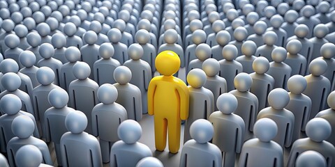 Obraz premium A solitary yellow figure stands out amongst a crowd of gray figures, symbolizing individuality, uniqueness, and standing apart.