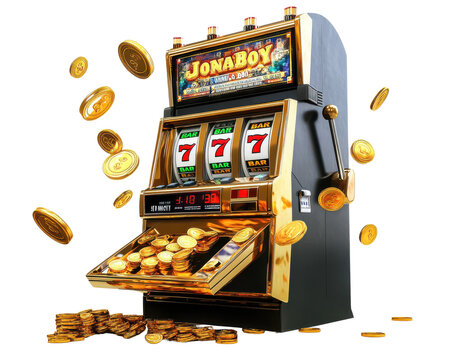Classic slot machine with coins spilling out, white isolated background