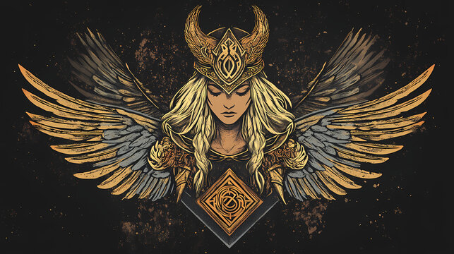 Valkyrie symbol with odin's valknut, norse mythology, isolated, valkyrie, symbol, odin, valknut, norse, mythology, isolated. Valkyrie on Wings. Illustration