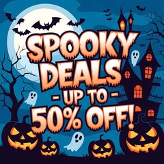 Spooky Halloween Sale:
"Create a spooky Halloween sale banner with a haunted house, bats flying in a moonlit sky, glowing pumpkins and ghosts floating around. Add bold orange text that says, 'Spooky D