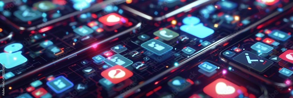Poster users engage with social media as smartphone screens glow with vibrant icons, highlighting comments 