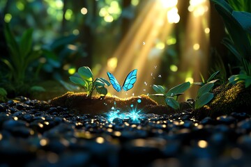 3D-rendered depiction of a peaceful forest with sunlight streaming through the trees, creating a serene, digital representation of natureâ€™s beauty, embodying transcendentalist ideals