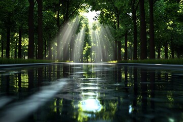 3D-rendered depiction of a peaceful forest with sunlight streaming through the trees, creating a serene, digital representation of natureâ€™s beauty, embodying transcendentalist ideals