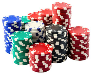 Colorful stacks of poker chips, white isolate background.