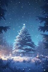 Beautiful Christmas tree in snowing winter.