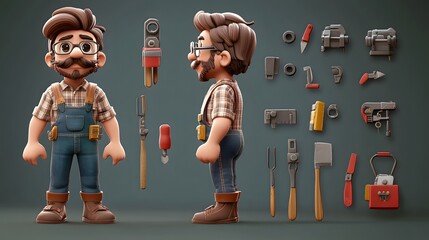3D illustration of a cartoon handyman with tools.