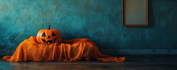 A jack-o'-lantern sits on an orange blanket against a blue wall, creating a festive Halloween atmosphere.