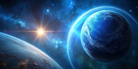 Obraz premium A celestial spectacle unfolds in a vibrant expanse, with a radiant star illuminating a distant blue planet, its ethereal glow casting a luminous path across the cosmic tapestry.