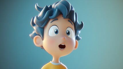 A 3D cartoon boy with blue hair and a yellow shirt looks surprised.