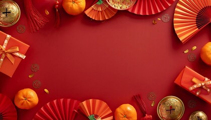 Beautiful Chinese New Year banner showcasing vibrant decorations and symbols of prosperity, top view display. Generative AI