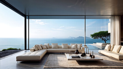 Fototapeta premium Luxury architecture, ocean front property landscape. Modern living room interior design with sleek contemporary designer furniture, minimalist decor large windows, panoramic coastal view background, a
