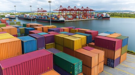 Fototapeta premium Aerial View of Colorful Shipping Containers in a Busy Port
