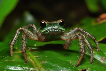 Green spider monkey frog on lush foliage at night
