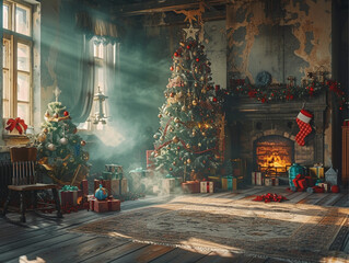 The room is decorated with New Year's and Christmas decorations. There is a Christmas tree decorated with Christmas toys. New Year's and Christmas colors. The feeling of a holiday.
