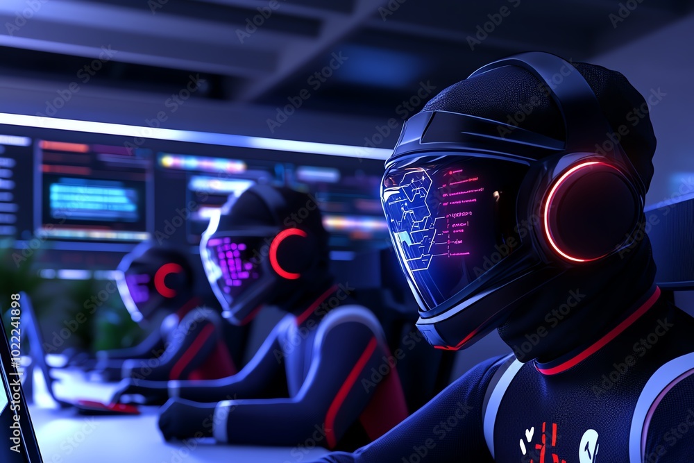 Poster A group of tech workers programming advanced AI systems in a sleek, futuristic office, reflecting the rise of AI expertise in tomorrowâ€™s workforce