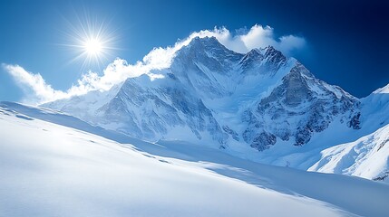 Naklejka premium Majestic snow-capped mountain peak with a bright sun shining in a clear blue sky.