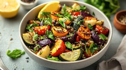 A bowl of vegan quinoa salad with roasted vegetables and fresh herbs, garnished with lemon wedges.