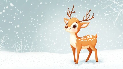 Cute Cartoon Deer in Winter Wonderland Scene