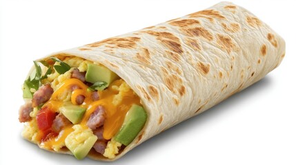 A breakfast burrito filled with scrambled eggs, ham sausage, cheese, and avocado, wrapped in a soft tortilla.